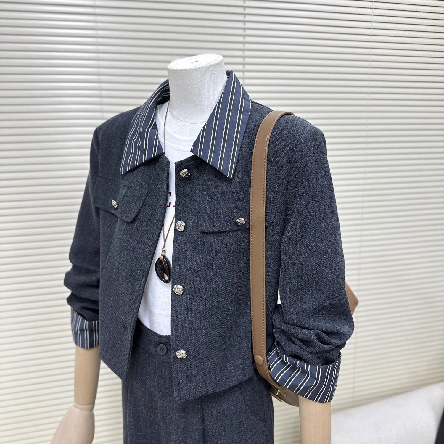 Women’s Co Ord Set Korean Style Gray Blazer & Pants (PVC-Blend)