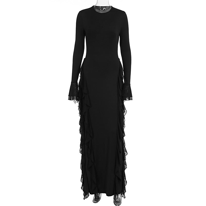 Black & Wine Red Ruffle Stitch Long Sleeve Trumpet Dress