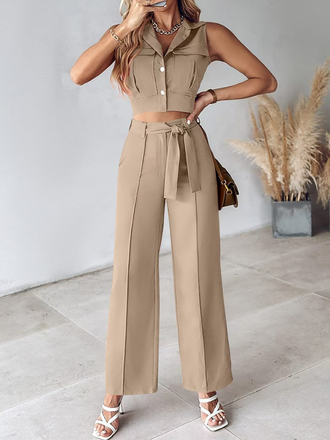 Casual Khaki Polyester Strap Sleeveless Pants Set