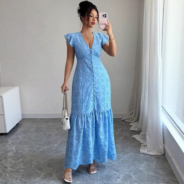 Chic Blue Embroidered Polyester Square Neck Midi Dress
