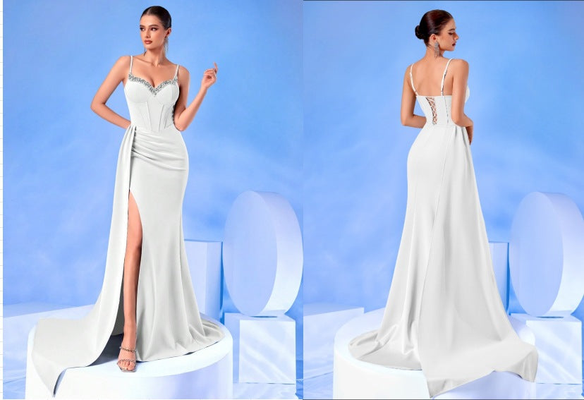 Chic Beaded Diamond High Waist Long Evening Gown