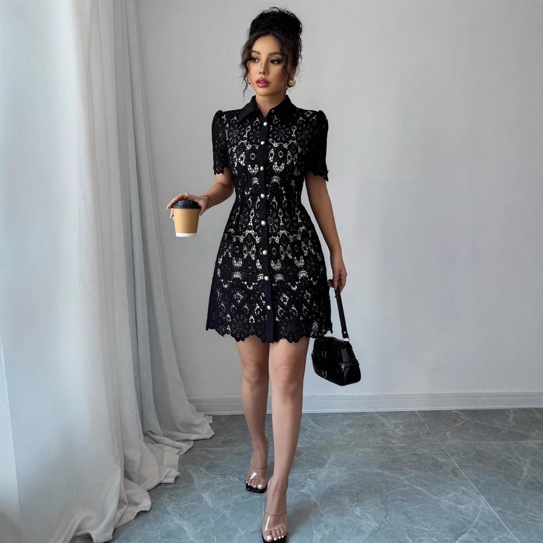 Chic Black Contrasting Color V-Neck Midi Dress with Elegant Detailing