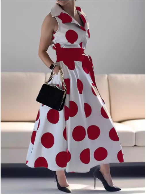 Chic Black Polka Dot Suit Collar Sleeveless A-Line Midi Dress