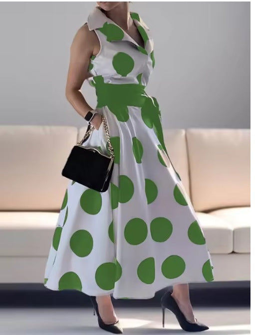 Chic Black Polka Dot Suit Collar Sleeveless A-Line Midi Dress