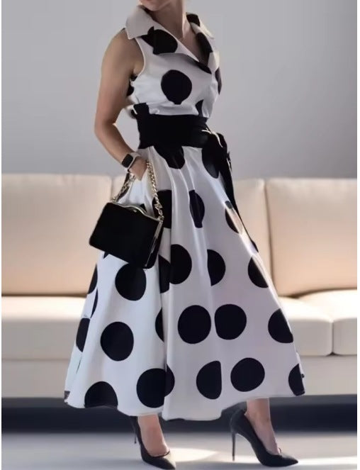 Chic Black Polka Dot Suit Collar Sleeveless A-Line Midi Dress