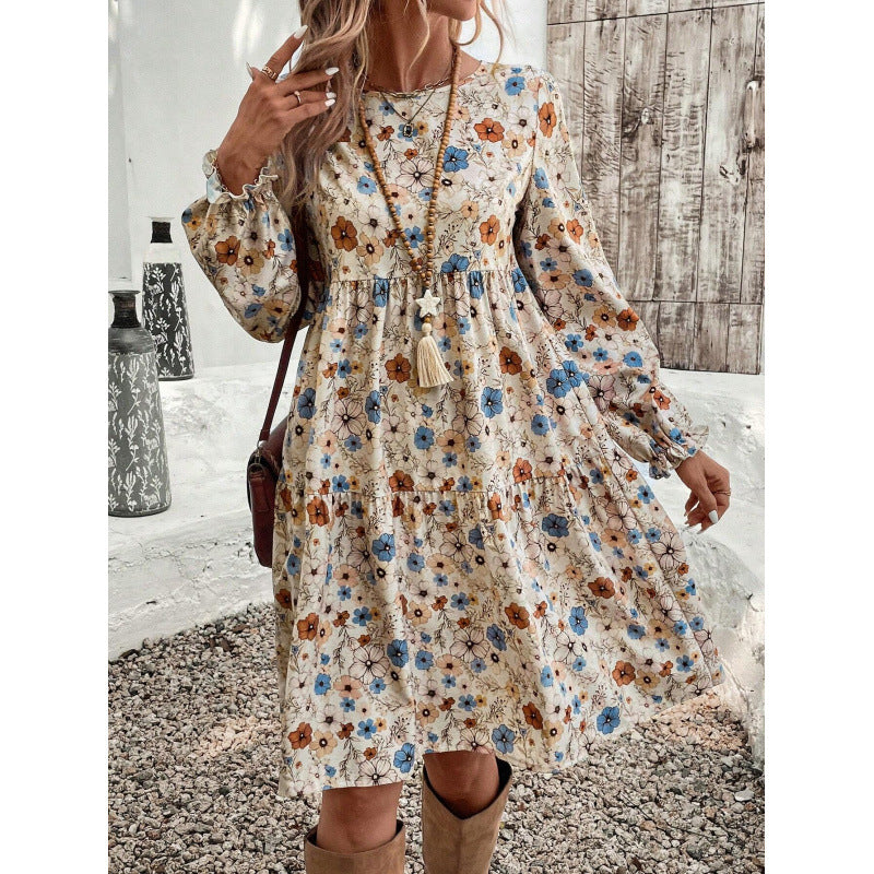 Chic Floral Printed Mesh Polyester Midi Dress with Lantern Sleeves