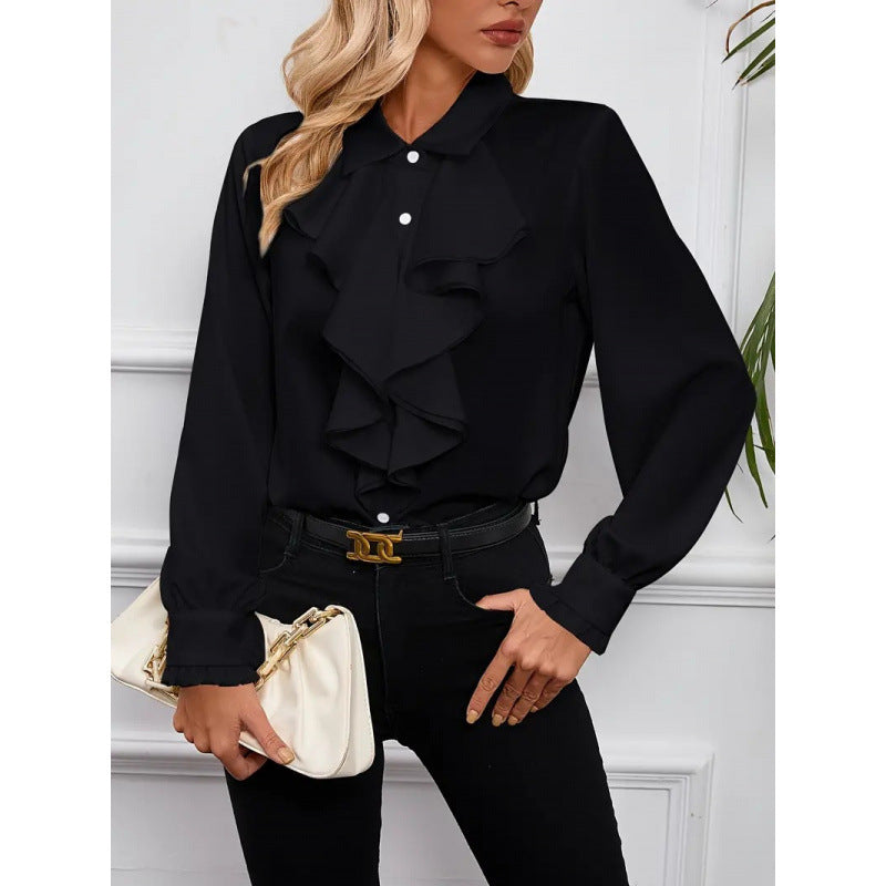 Chic Ruffled Lapel Polyester Blouse with Long Sleeves