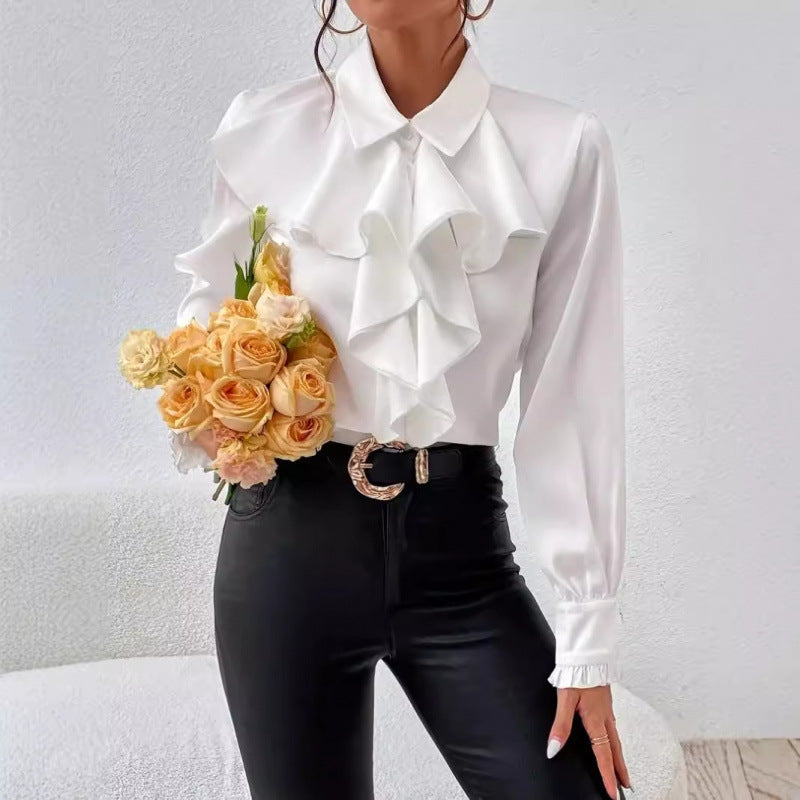 Chic Ruffled Lapel Polyester Blouse with Long Sleeves
