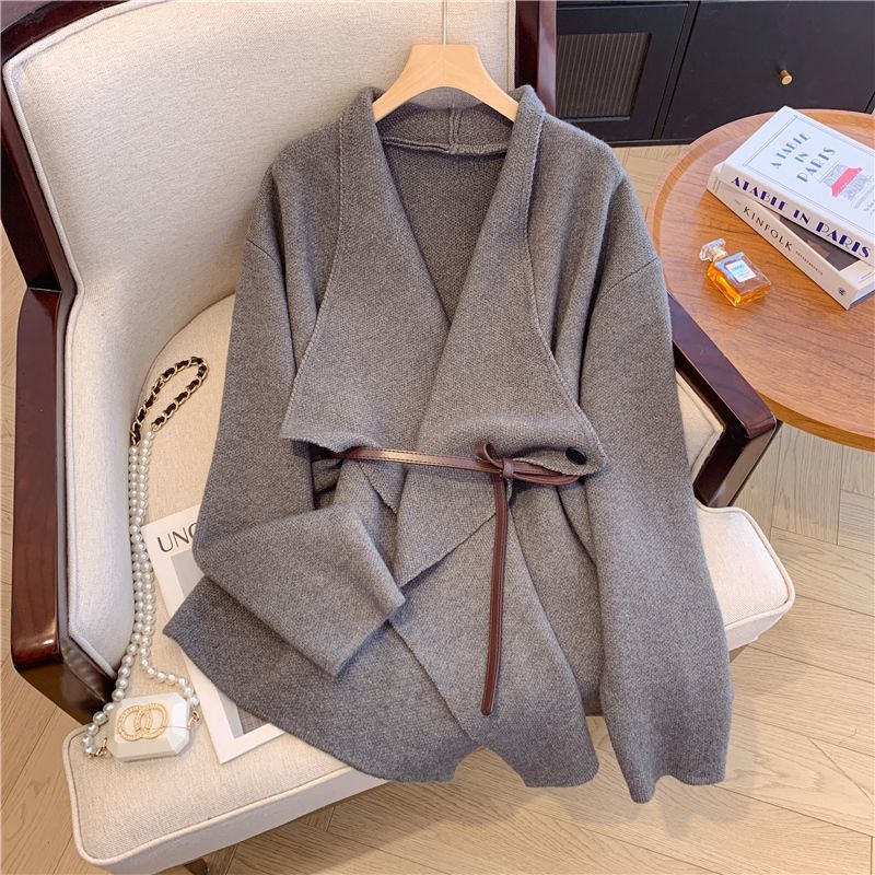 Chic Wool Blend Belted Mid Length Cardigan Coat for Women