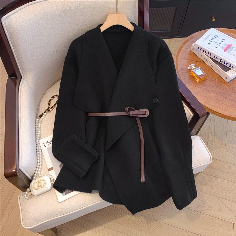 Chic Wool Blend Belted Mid Length Cardigan Coat for Women