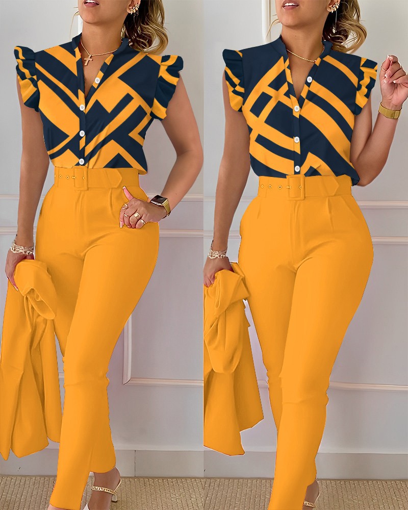 Chic Yellow Polyester Lotus Sleeve Casual Two Piece Pants Set