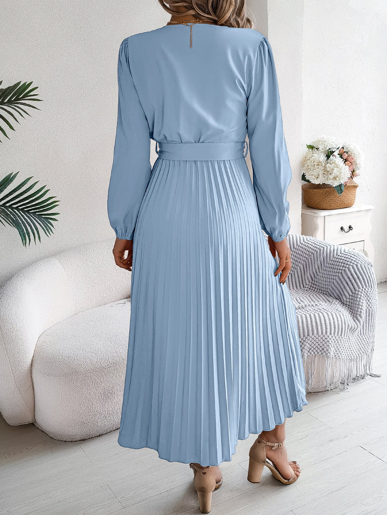 Chiffon V-Neck Lantern Sleeve Pleated Long Maxi Dress for Women 2025