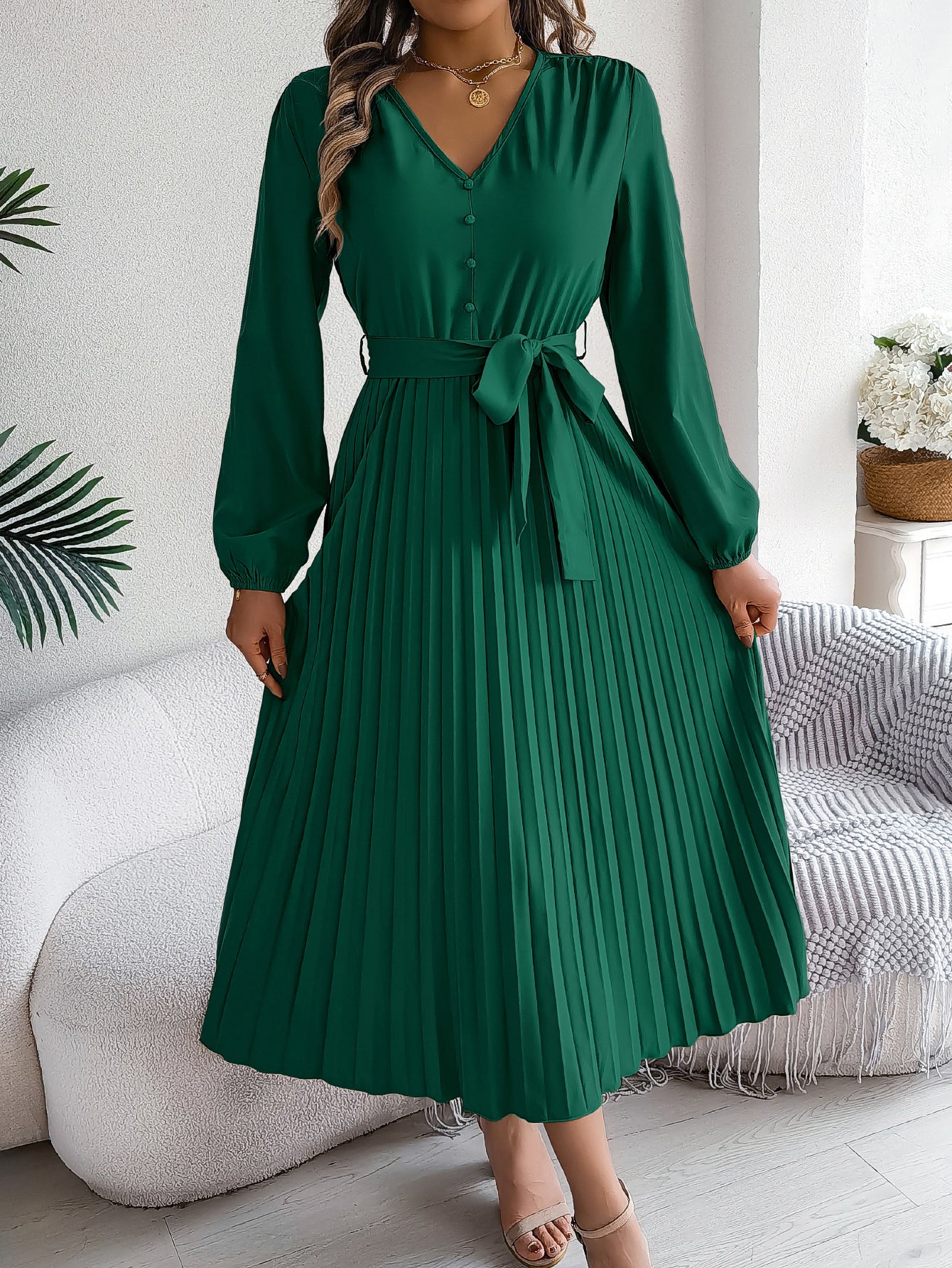 Chiffon V-Neck Lantern Sleeve Pleated Long Maxi Dress for Women 2025