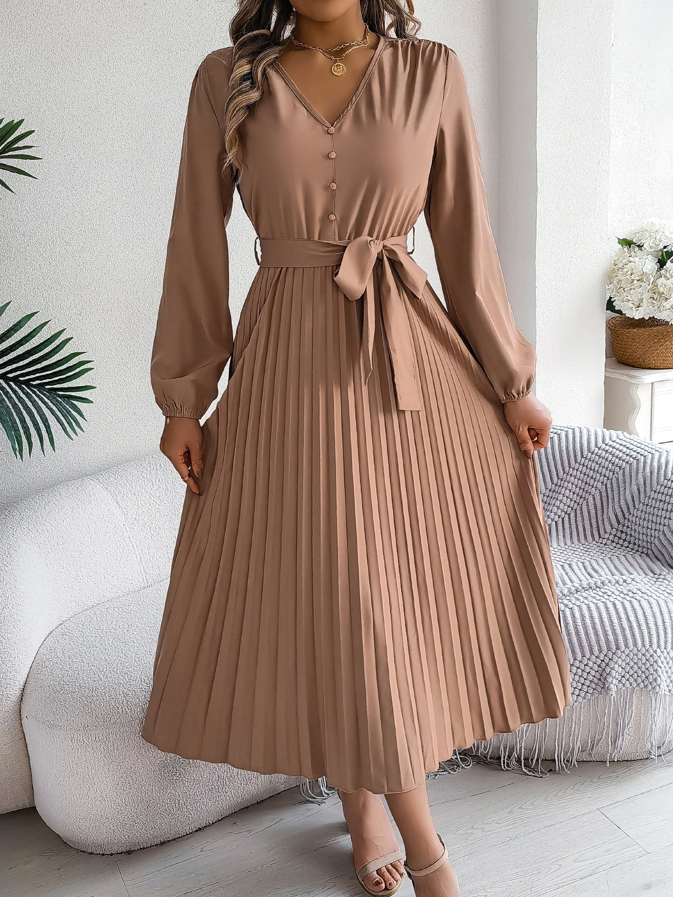Chiffon V-Neck Lantern Sleeve Pleated Long Maxi Dress for Women 2025