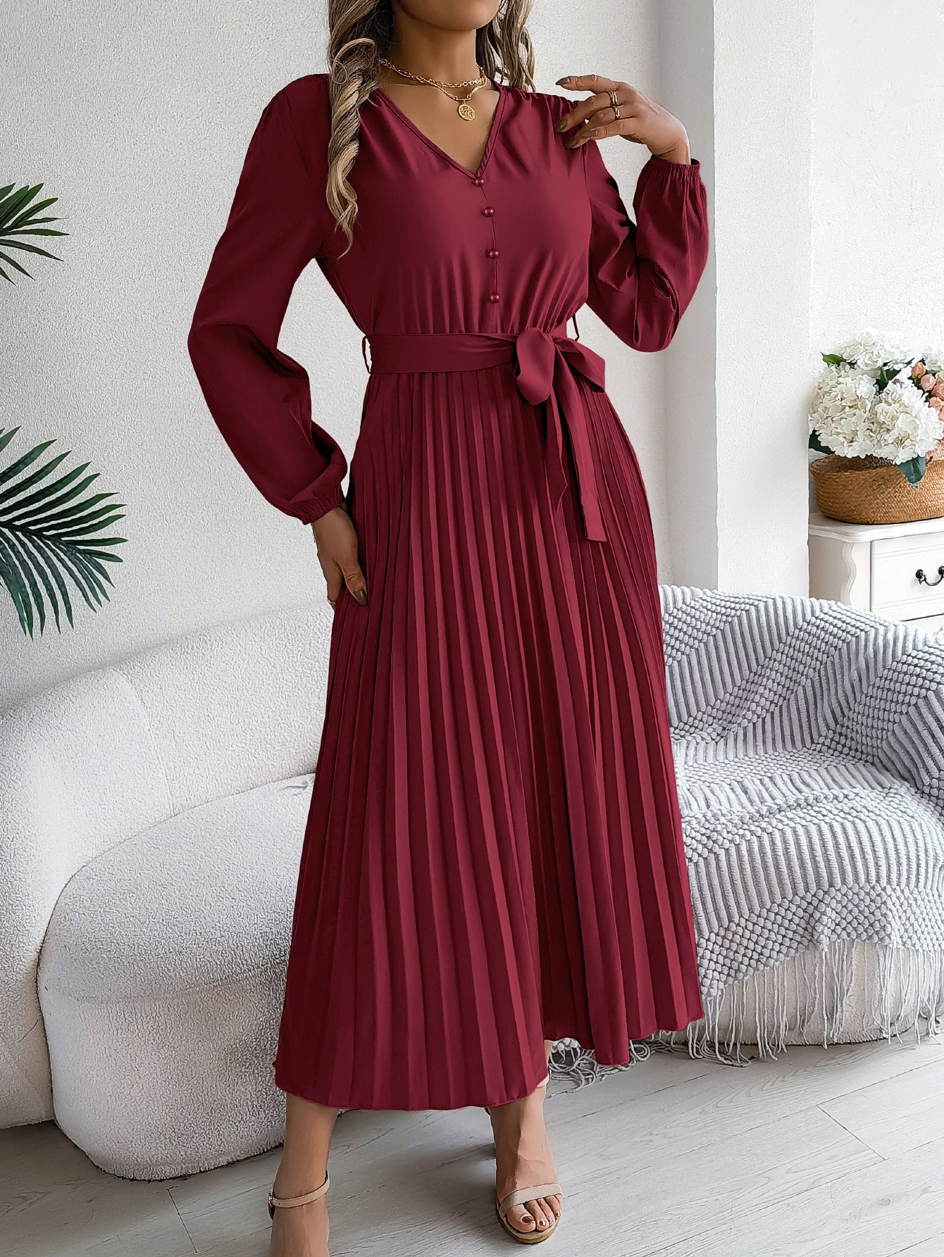 Chiffon V-Neck Lantern Sleeve Pleated Long Maxi Dress for Women 2025
