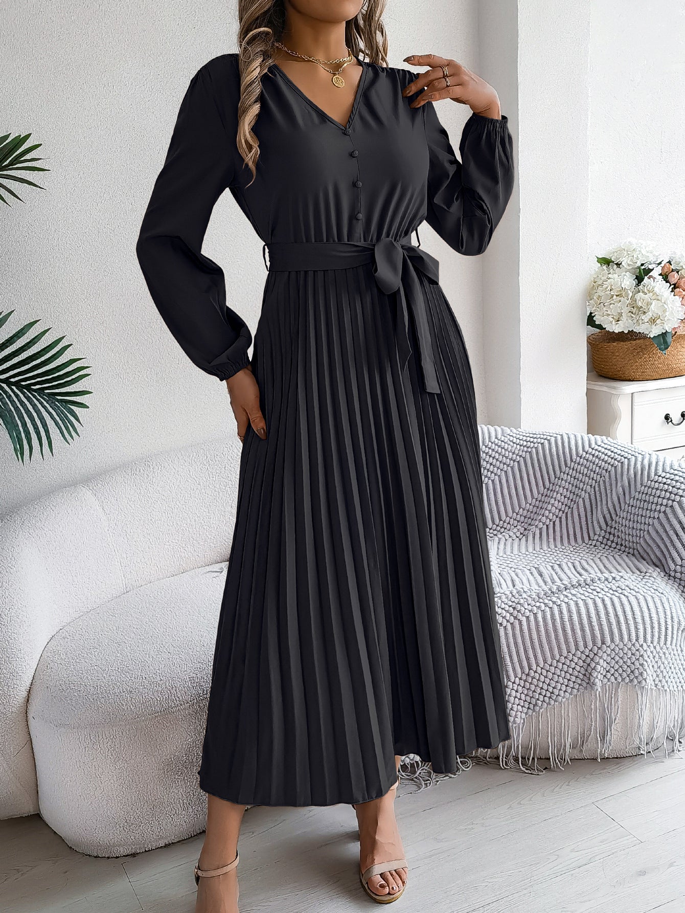Chiffon V-Neck Lantern Sleeve Pleated Long Maxi Dress for Women 2025