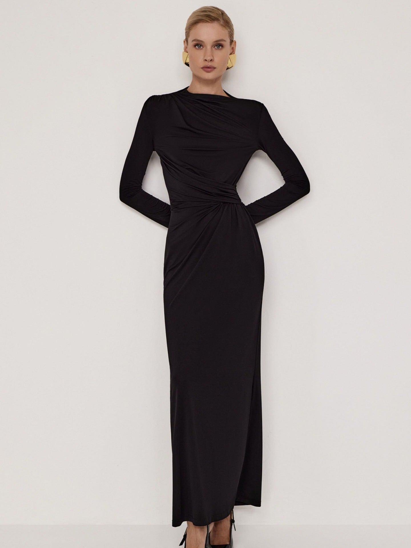 Classic Black Solid Color Long Sleeve Fishtail Maxi Dress