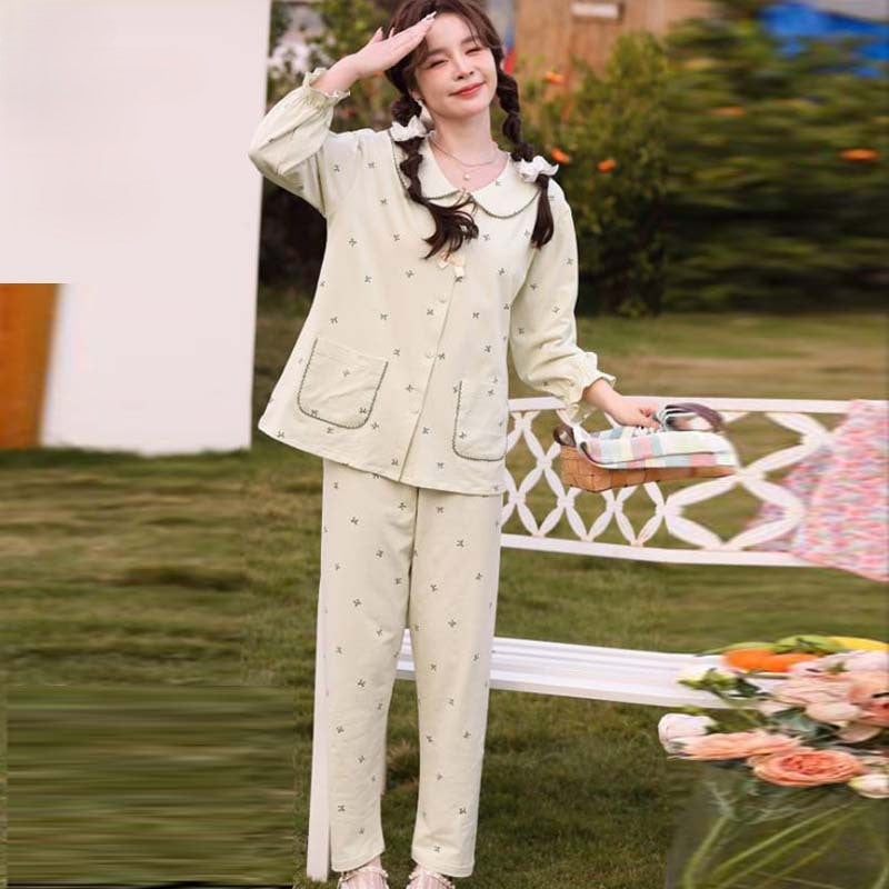 Cotton Pajama Co Ord Set – Collared Cardigan & Trousers (Mercerised Feel)