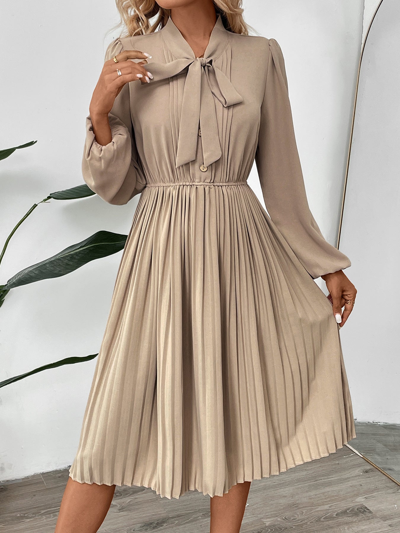 Elegant Apricot Tencel Hemp Pleated Bow Tie Midi Dress for Women 2025