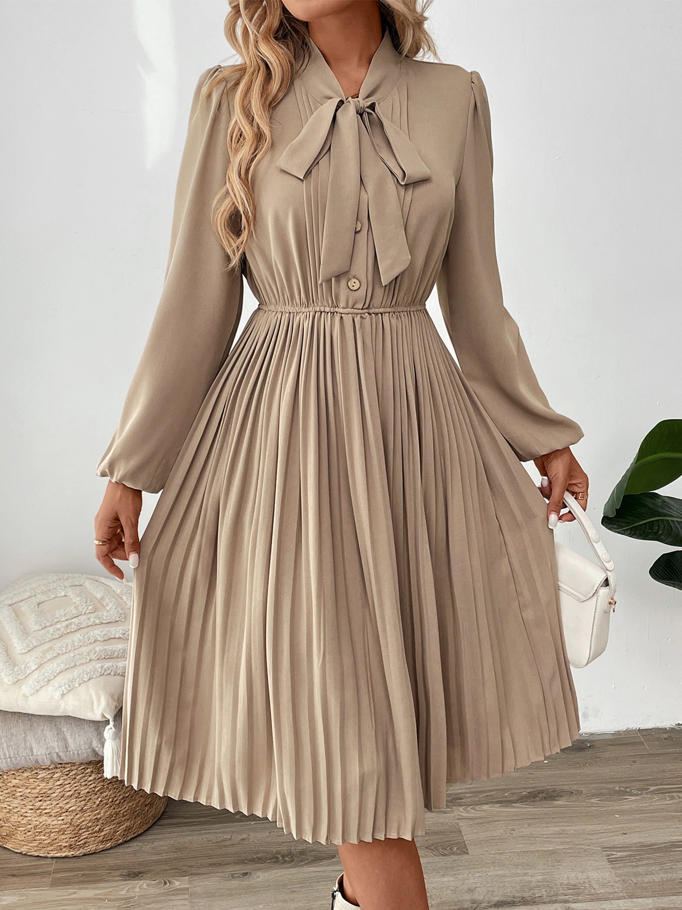 Elegant Apricot Tencel Hemp Pleated Bow Tie Midi Dress for Women 2025