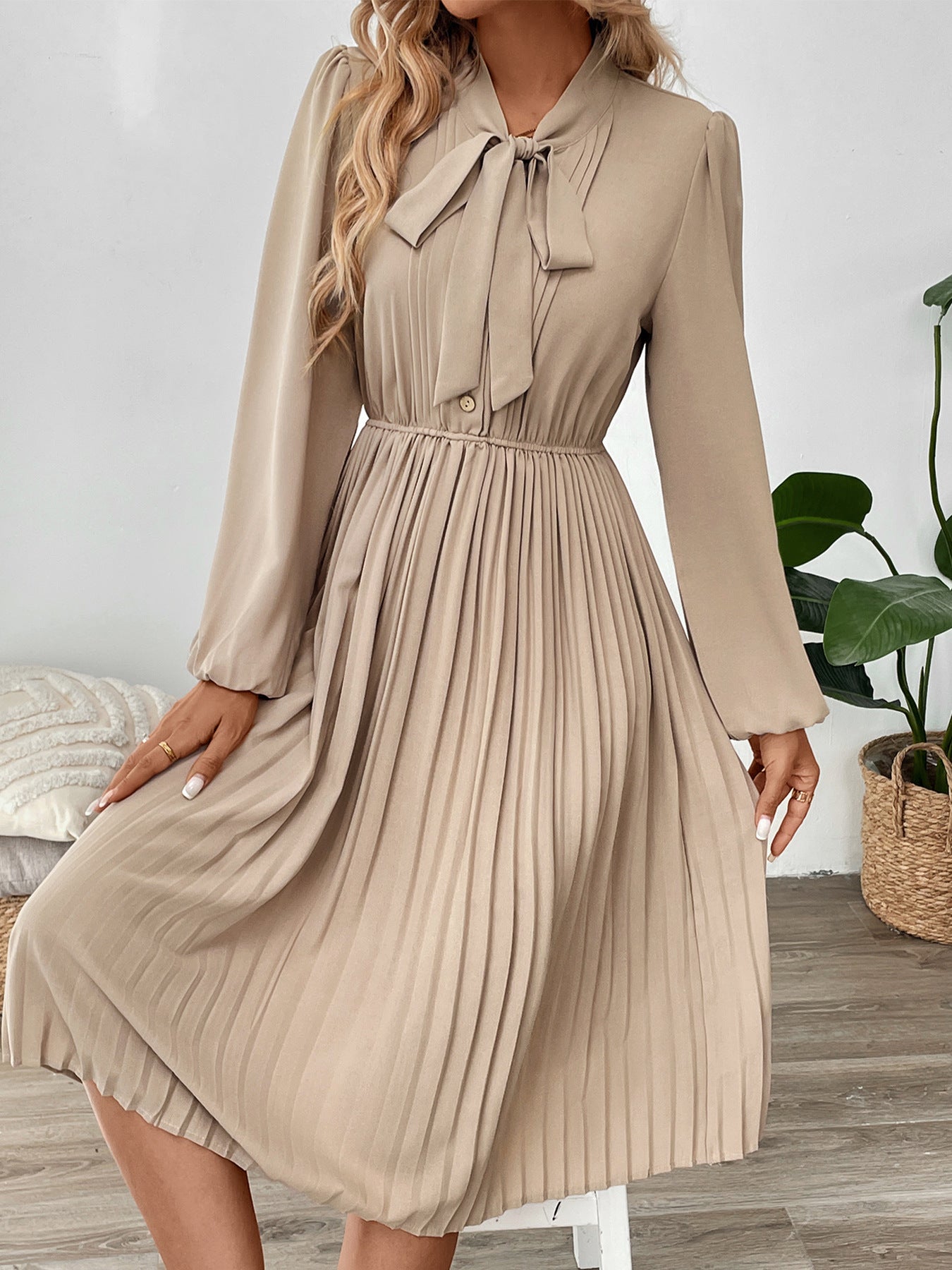 Elegant Apricot Tencel Hemp Pleated Bow Tie Midi Dress for Women 2025