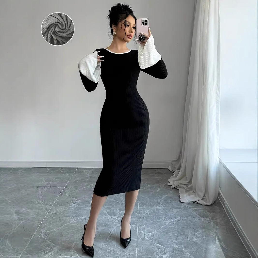 Elegant Black Backless Bow Polyester Midi Dress with Long Sleeves