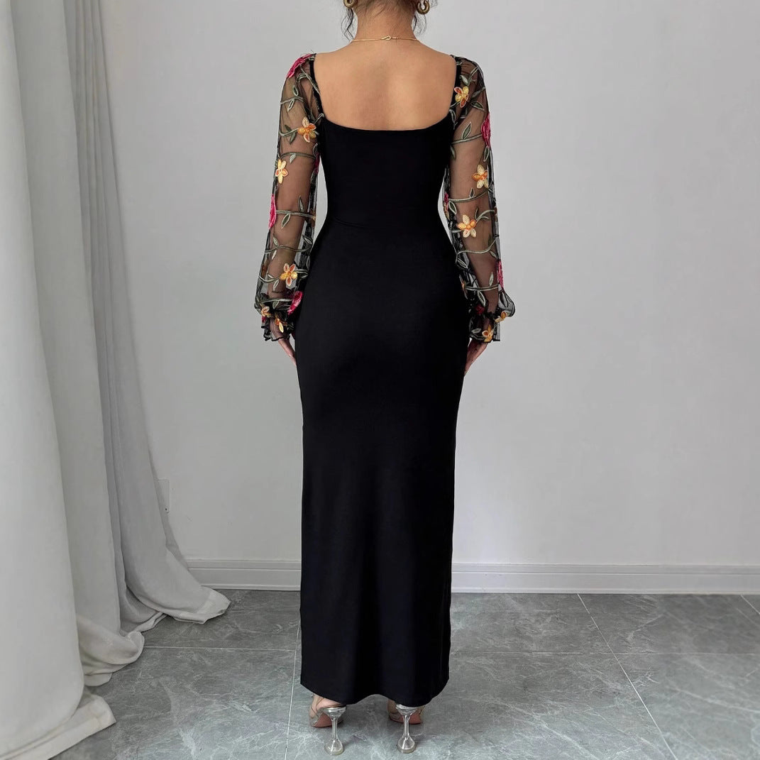 Elegant Black Polyester V-Neck Midi Dress with Embroidered Detail