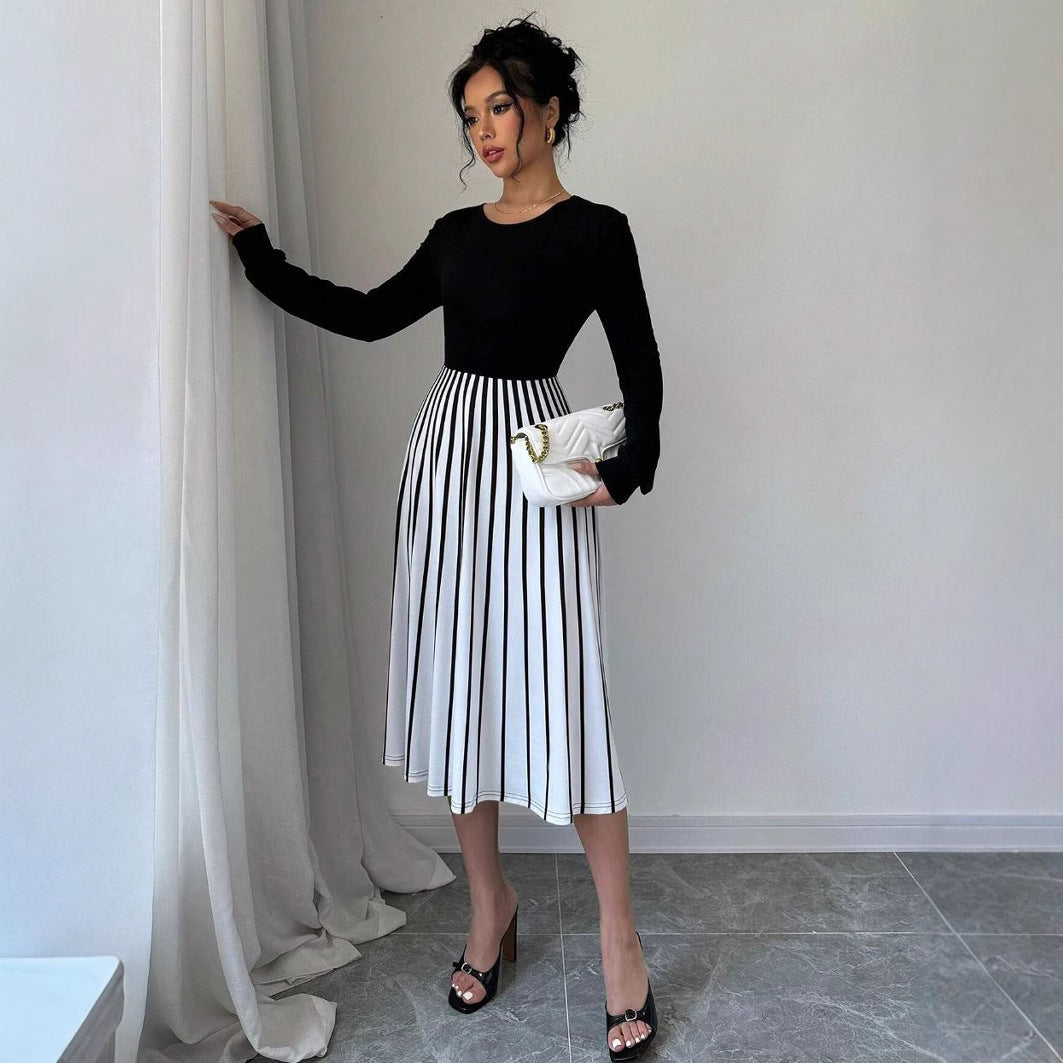 Elegant Black Striped Polyester Crew Neck Midi Dress with Long Sleeves