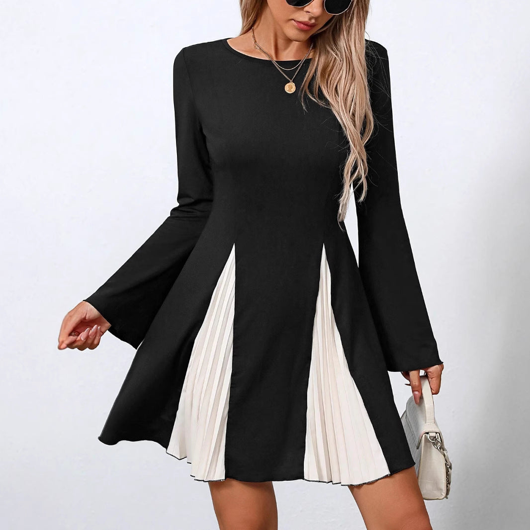 Elegant Black and White Spliced Polyester Long Sleeve Midi Dress