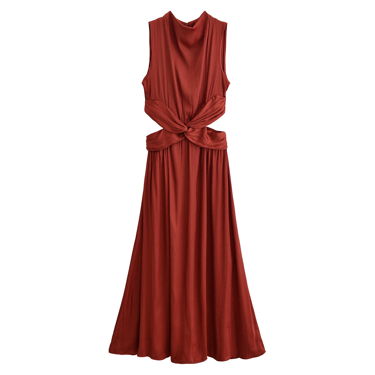 Elegant Deep Red Silk Texture Sleeveless Midi Evening Dress