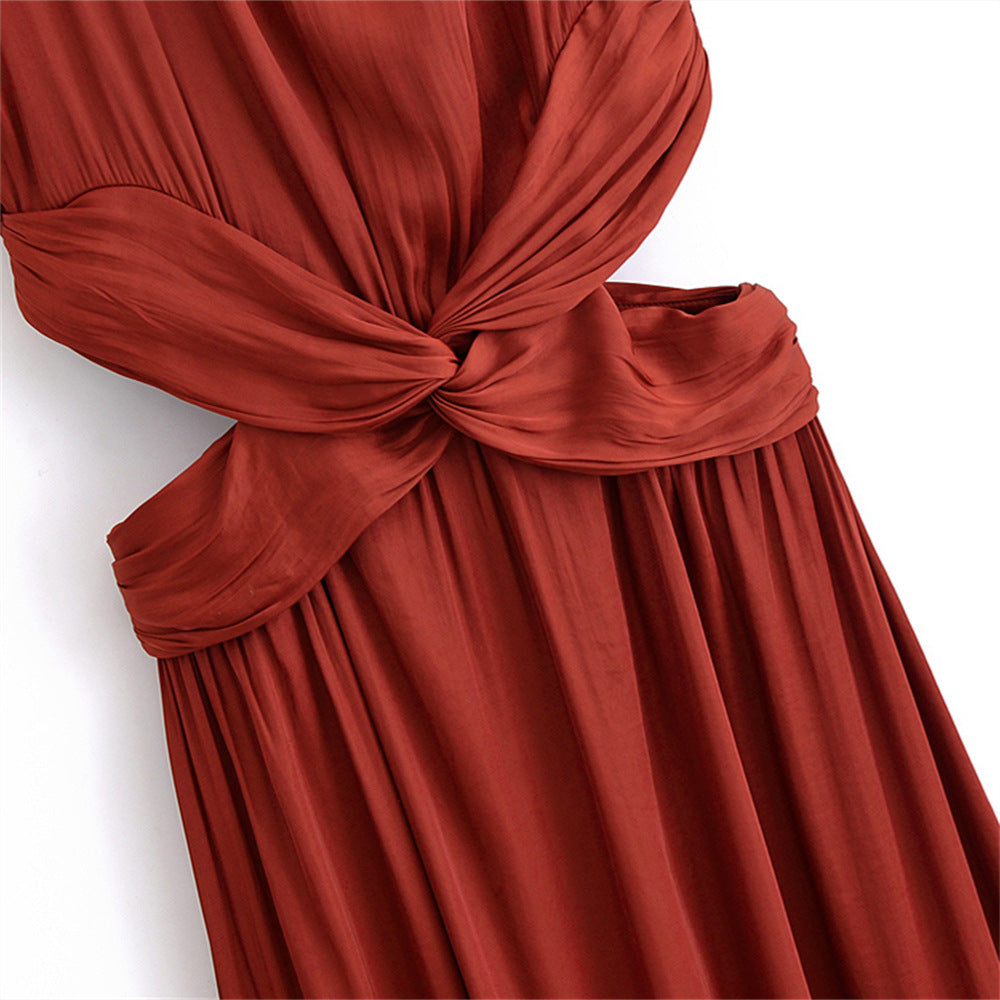 Elegant Deep Red Silk Texture Sleeveless Midi Evening Dress