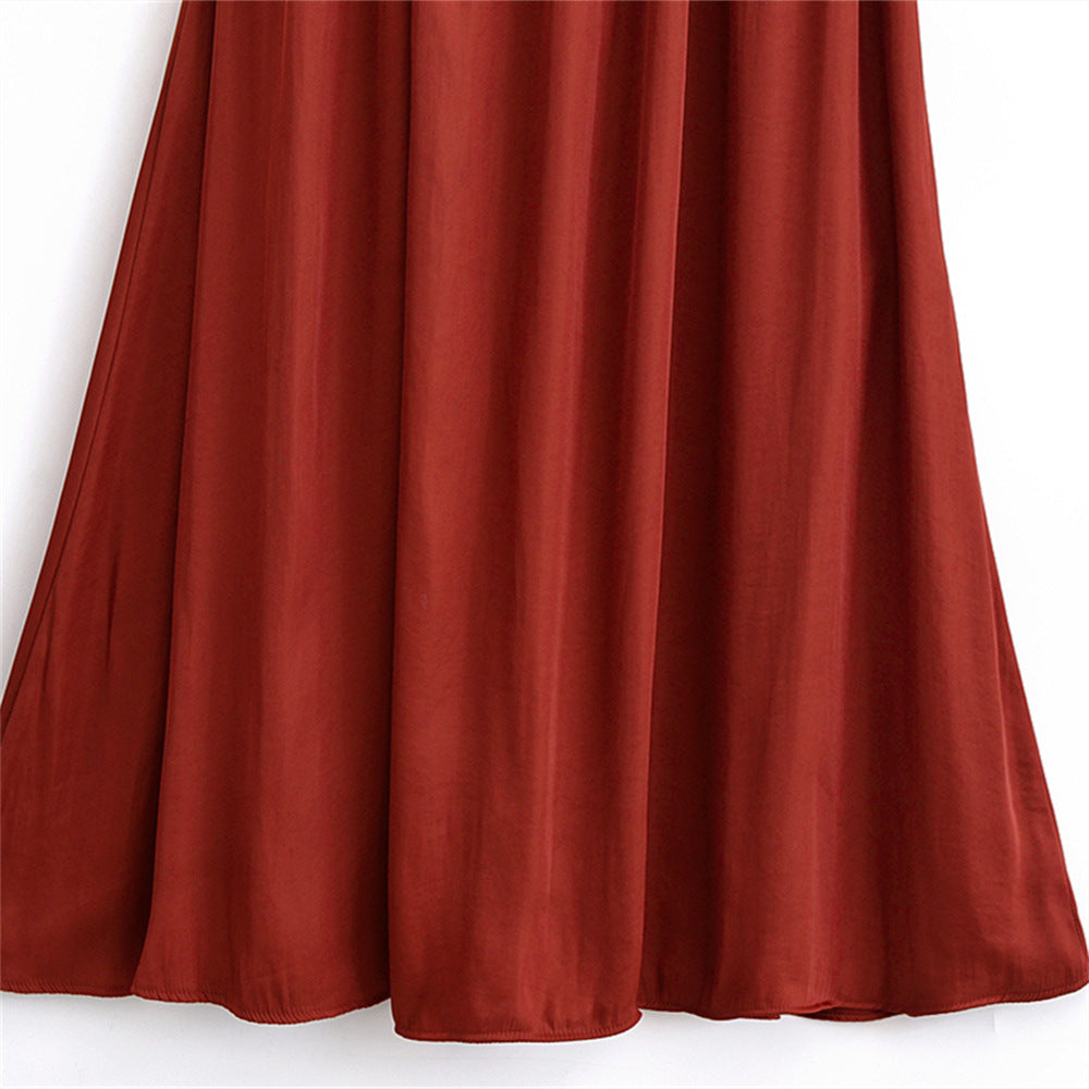 Elegant Deep Red Silk Texture Sleeveless Midi Evening Dress