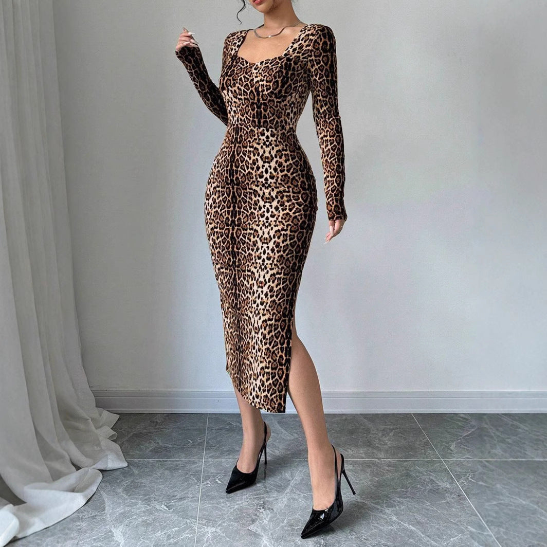 Elegant Leopard Print Polyester V-Neck Midi Dress with Long Sleeves