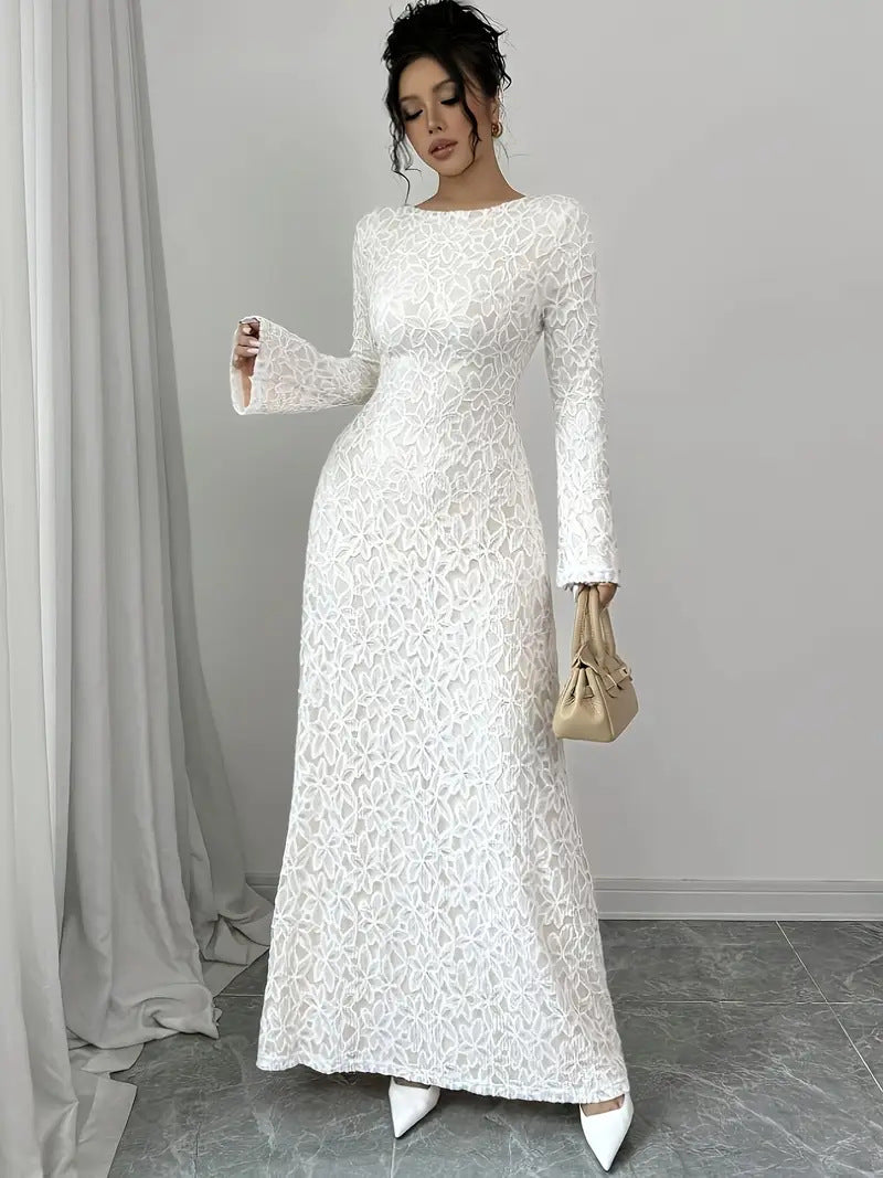 Elegant White Sequin Detail Polyester V-Neck Midi Dress