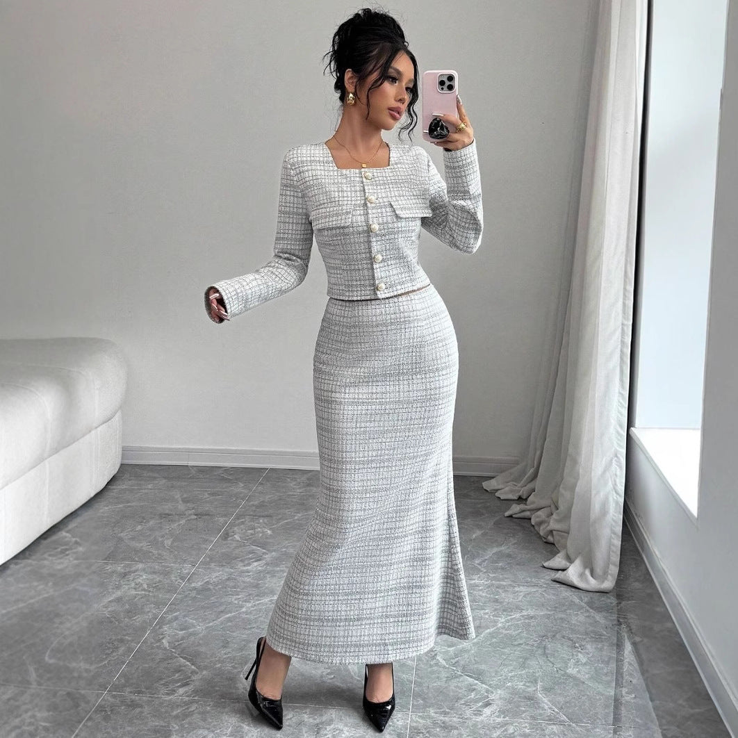 Elegant White Sequin Polyester Two Piece Midi Dress Set