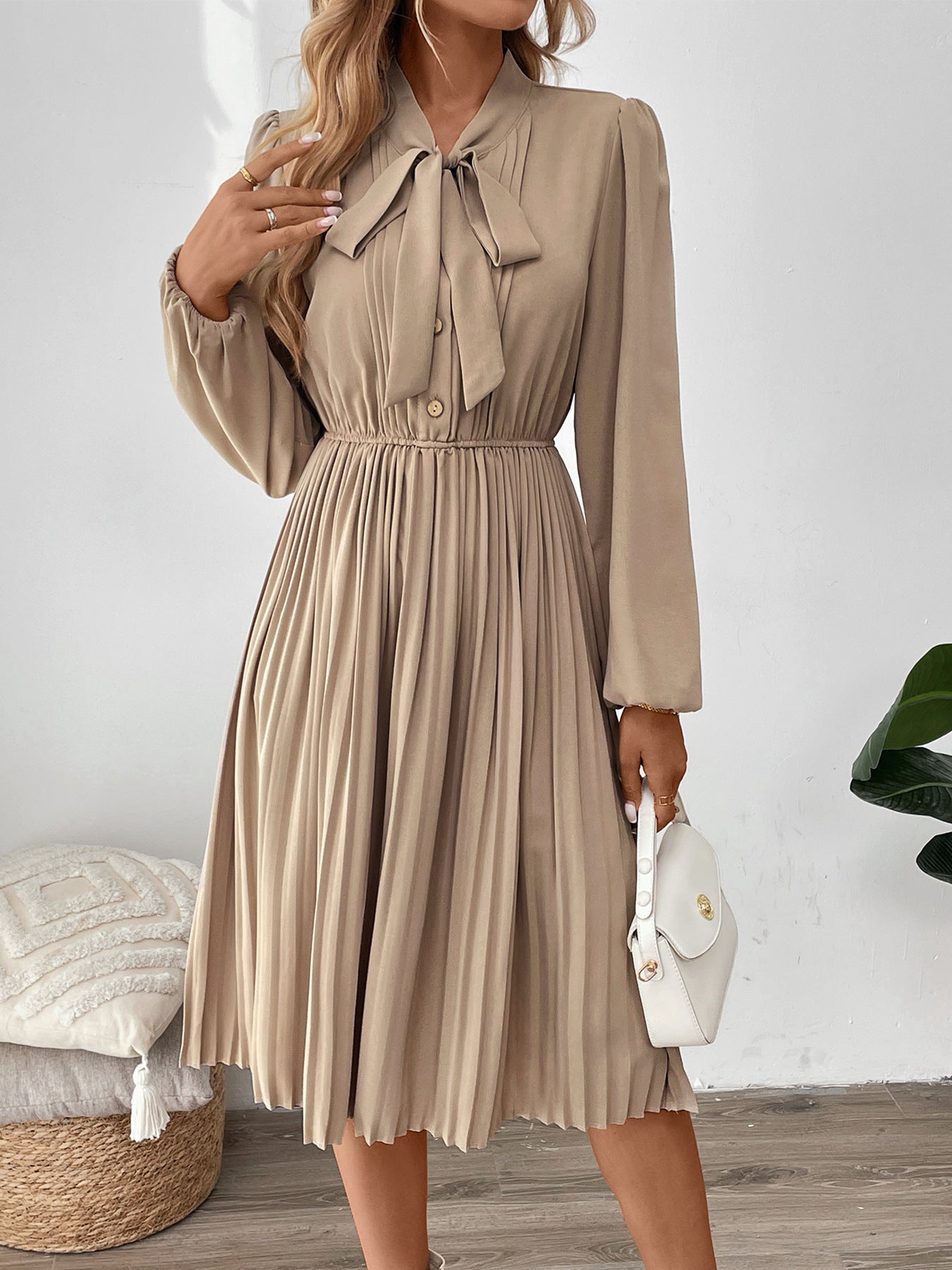 Elegant Apricot Tencel Hemp Pleated Bow Tie Midi Dress for Women 2025
