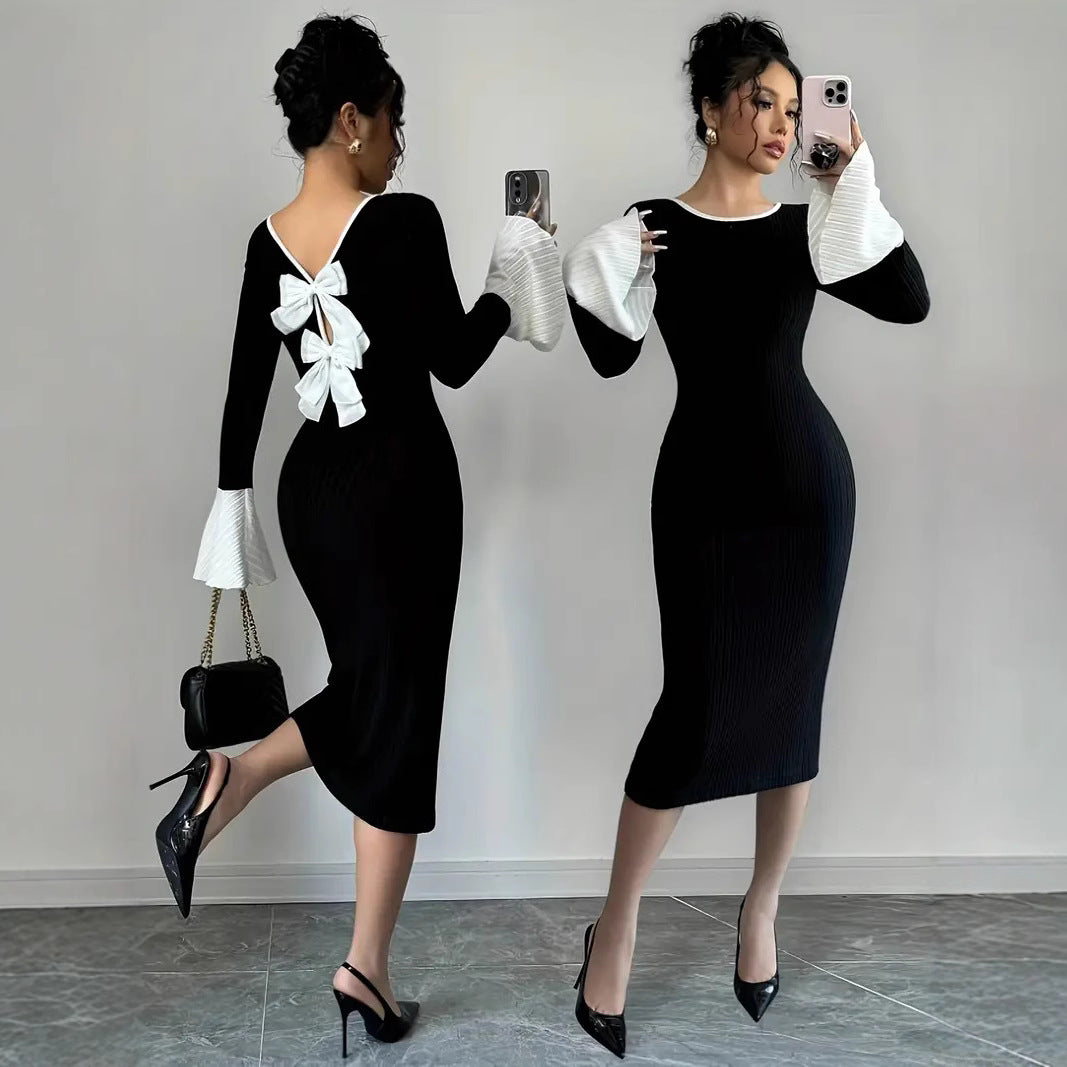 Elegant Black Backless Bow Polyester Midi Dress with Long Sleeves