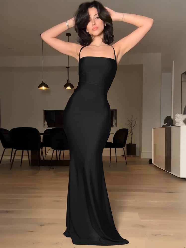 Elegant Black Glossy Lace-Up Halter Midi Dress