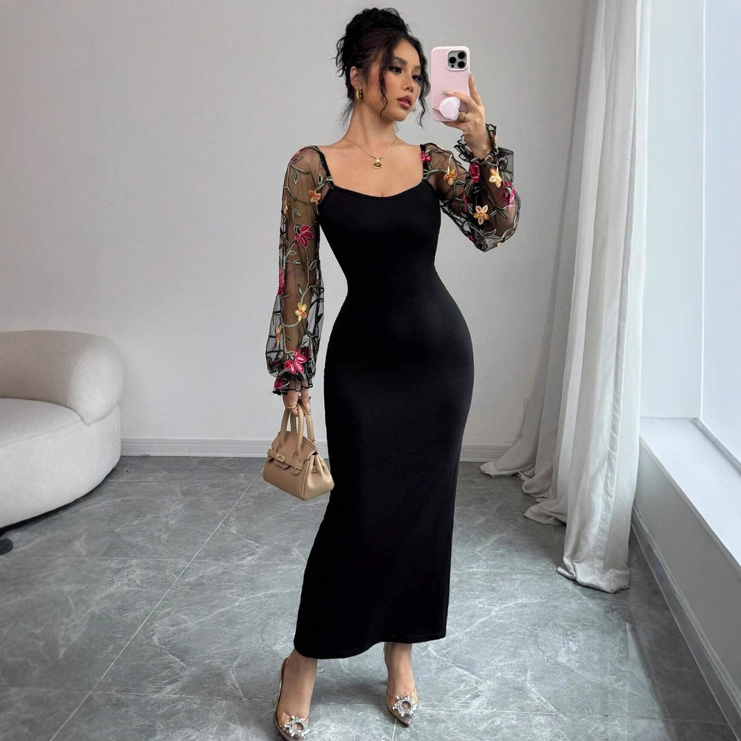 Elegant Black Polyester V-Neck Midi Dress with Embroidered Detail