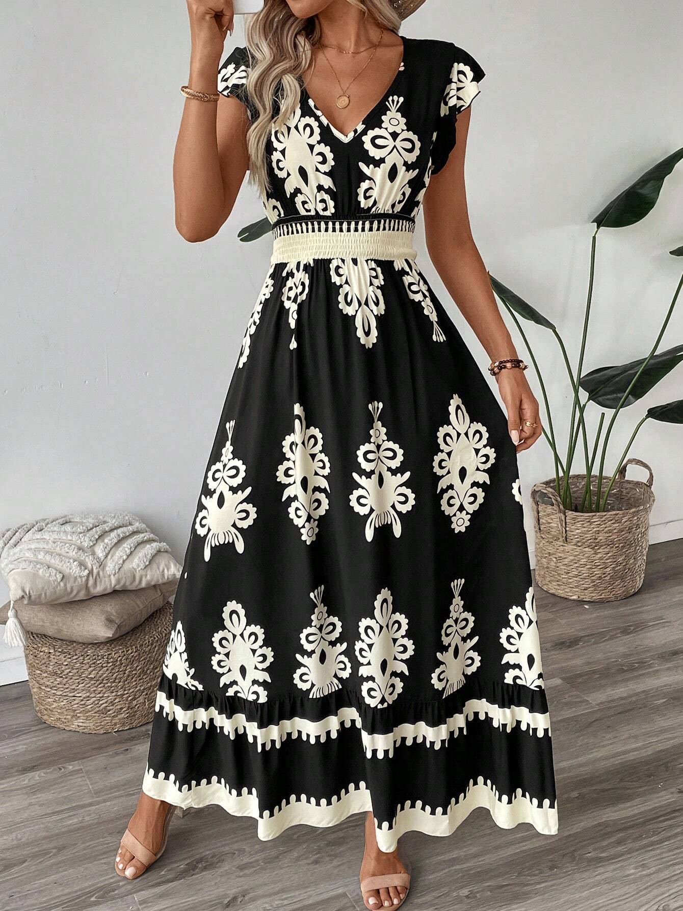 Elegant Black V-Neck Floral Print Short Sleeve Maxi Dress