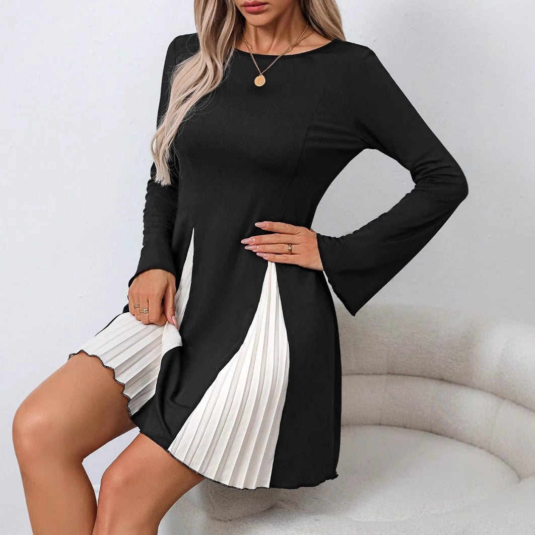 Elegant Black and White Spliced Polyester Long Sleeve Midi Dress