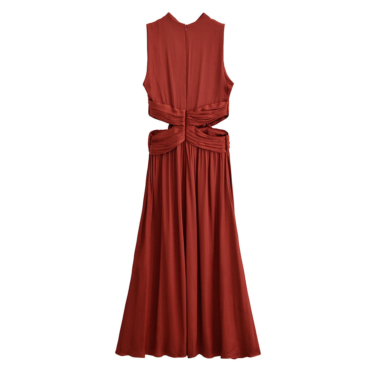 Elegant Deep Red Silk Texture Sleeveless Midi Evening Dress