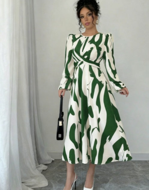 Elegant Green Printed Polyester Puff Sleeve Midi Swing Dress