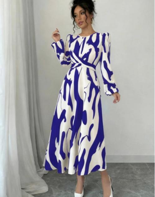 Elegant Green Printed Polyester Puff Sleeve Midi Swing Dress