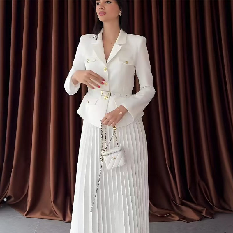 Elegant Khaki Pleated Polyester Long Sleeve High Waist Skirt Suit