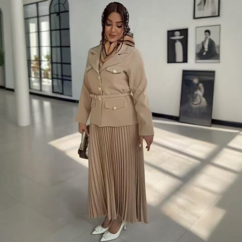 Elegant Khaki Pleated Polyester Long Sleeve High Waist Skirt Suit