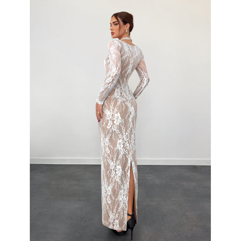 Elegant Lace Patchwork Square Neck Long Sleeve Slim Fit Dress