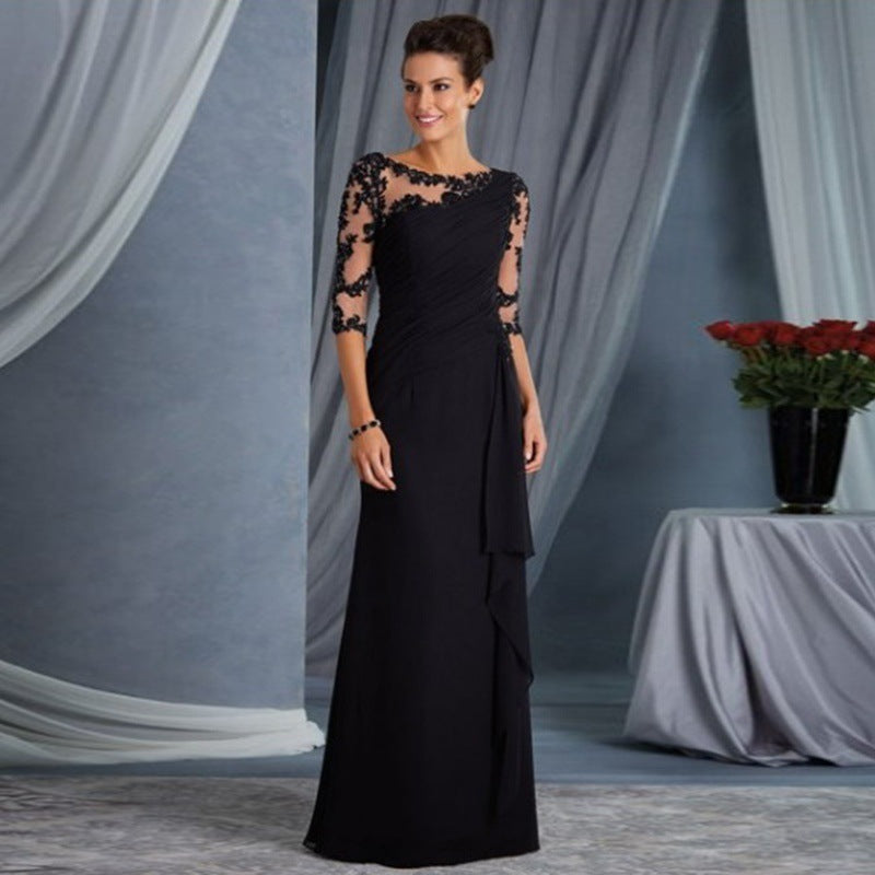 Elegant Navy Blue Milk Silk Lace Spliced Long Dress