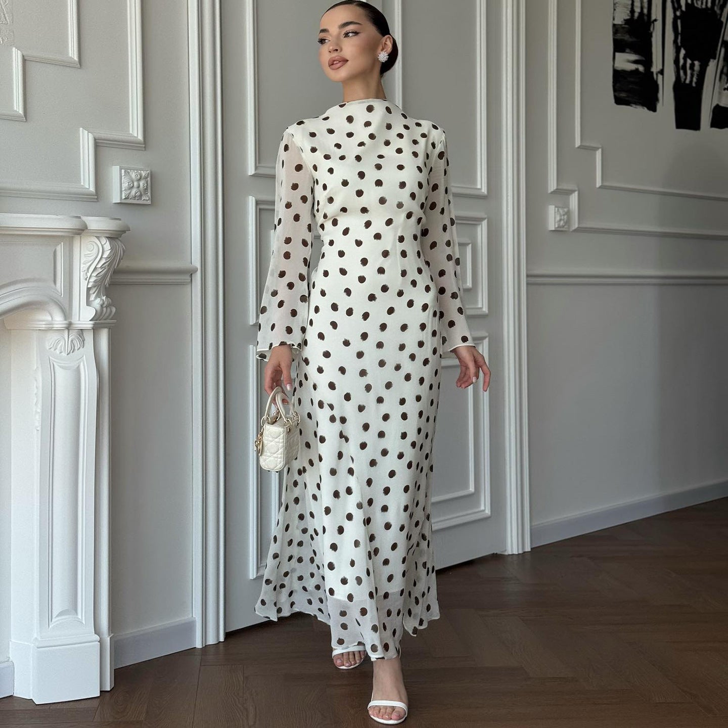 Elegant Polka Dot Long Sleeve High Waist A-Line Maxi Dress for Women