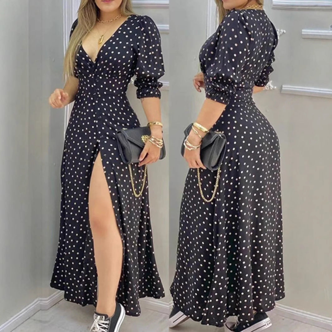 Elegant Printed V-Neck Midi Dress with Polka Dot Pattern